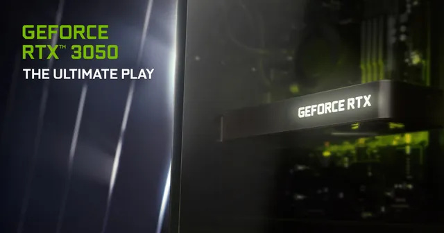 GeForce RTX 3050 'The Ultimate Play' artwork with a GeForce RTX-branded card in a PC (RTX 3050 family artwork reused for the 6 GB model) GeForce RTX 3050 6GB